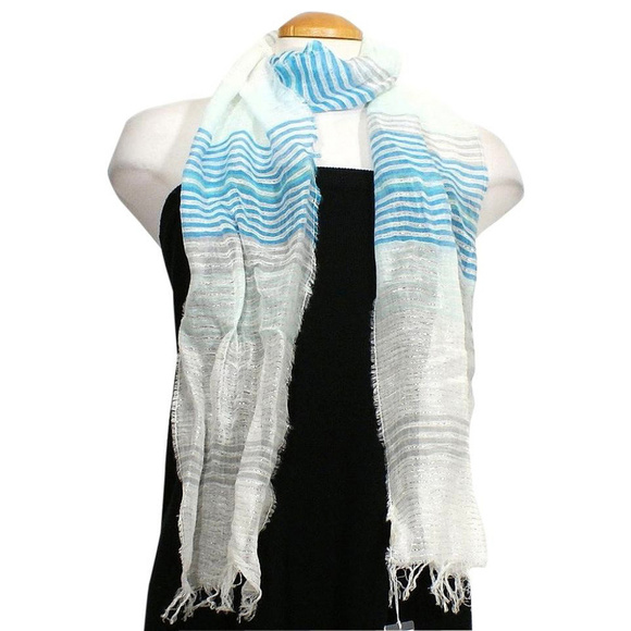 EILEEN FISHER Deep Aqua Blue Airy Linen Cotton Shine Stripe Fringe Narrow Scarf